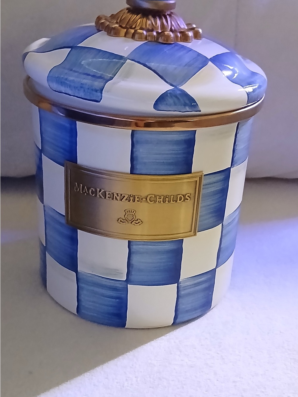 MacKenzie-Childs Blue and White Checked Ceramic with Brass Plaque - Picture 7 of 8